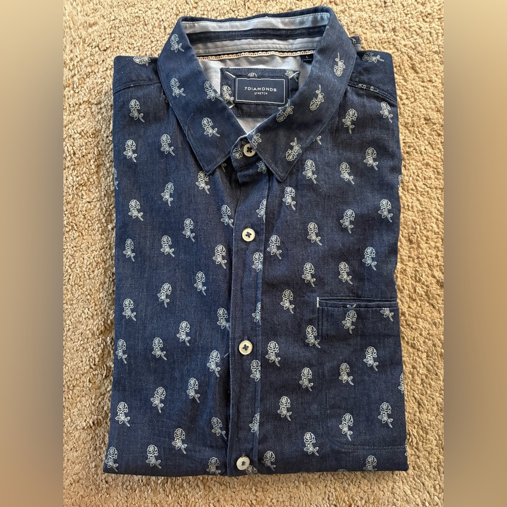 Men’s 7 Diamonds Stretch Blue Rose Design button Down Short Sleeve size Large